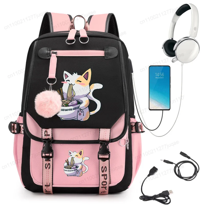 Ramen Cat Print Backpack for Teen Girls Boys Schoolbag Fashion Casual Travel Laptop School Bag Kitten Anime Cartoon Bagpacks