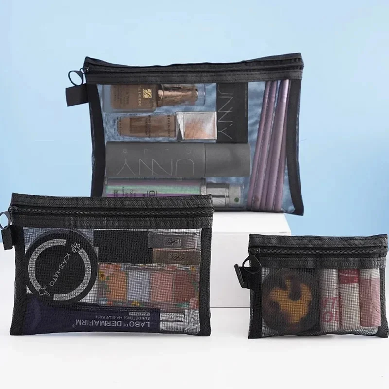 

1/4pcs Set Clear Mesh Cosmetic Bags - Small & Large Black Makeup Travel Toiletry Organizer Lipstick Storage Pouch Portable Case