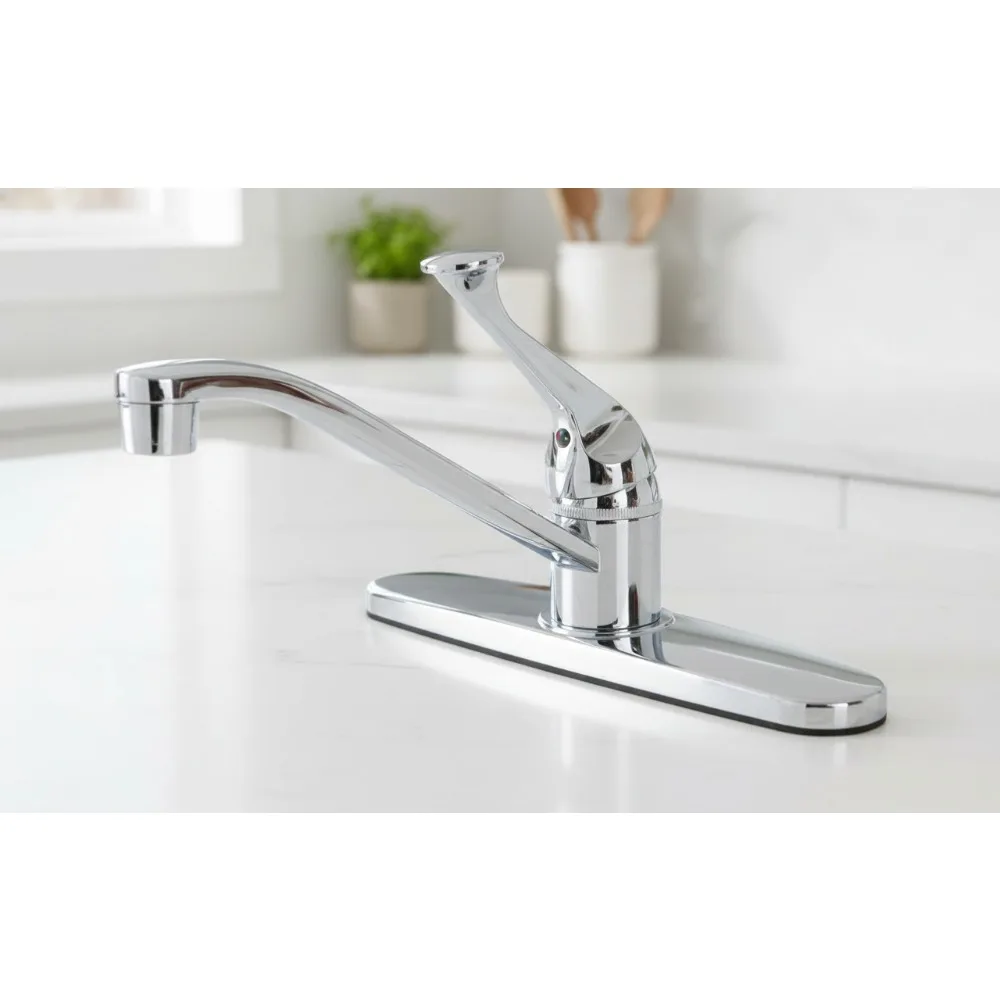 

Modern Single Handle Kitchen Faucet, Polished Chrome Finish, 3-Hole Deck Mount, High-Arc Spout for Easy Cleaning