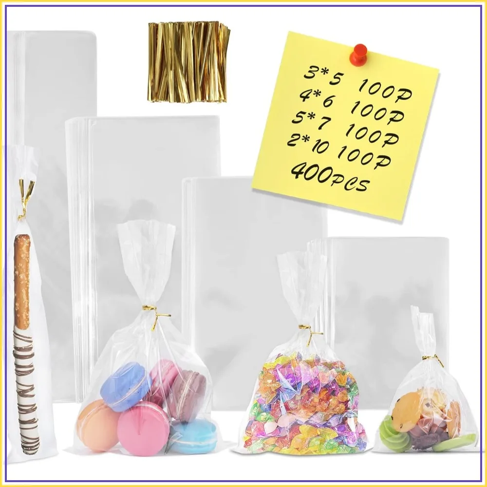 400 Bolsas Transparentes de Celofán con Lazos, 3x5", 4x6", 5x7", 2x10" para Palitos de Pretzel, Panadería, Galletas, Dulces, Postres