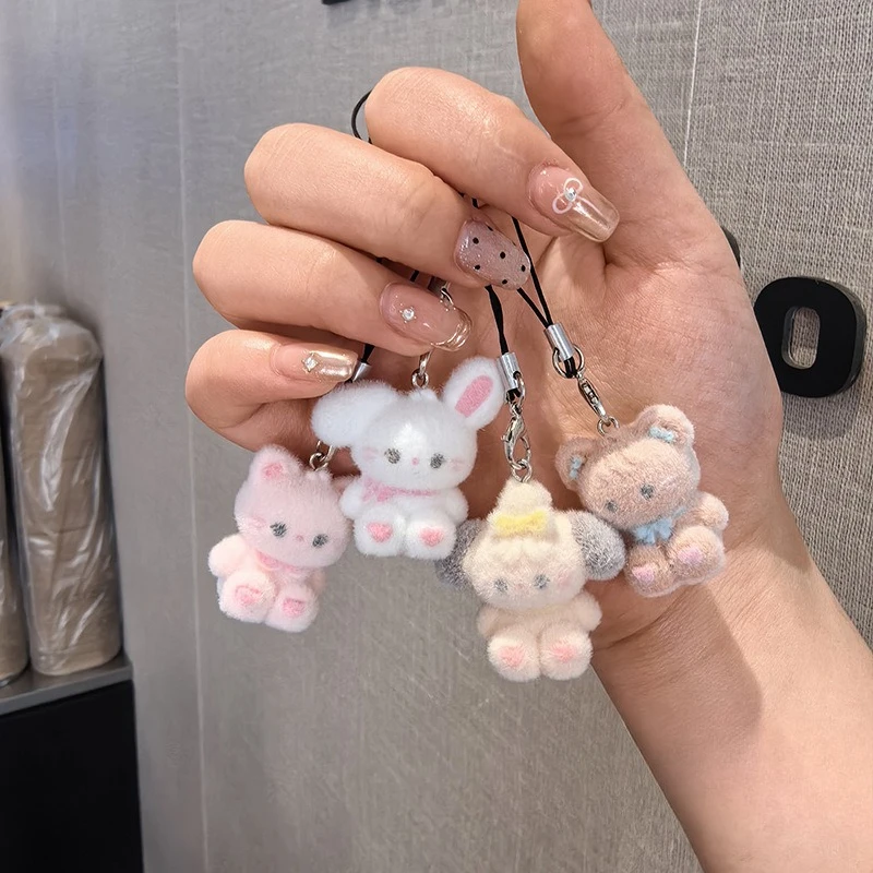 Cute Cartoon Flocking Animal Pendant  Adorable Rabbit Dog Charm for Girl's Phone Case CCD Backpack Keychains Gifts for Daughter