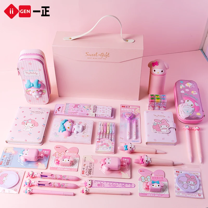 Sanrio Portable Stationery Set Gift Box Cute My Melody Pencil Case Gel Pen Memo Pad Eraser Notebook Kids Girl School Supplies