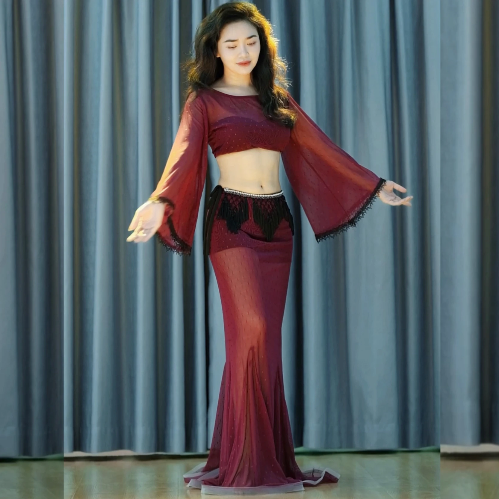 Zohandmulu nouveau ensemble de costumes de spectacle de danse du ventre en dentelle bleue jupe de queue Fi pour débutants tissu net Fitn/Yoga/Ba pour femmes...