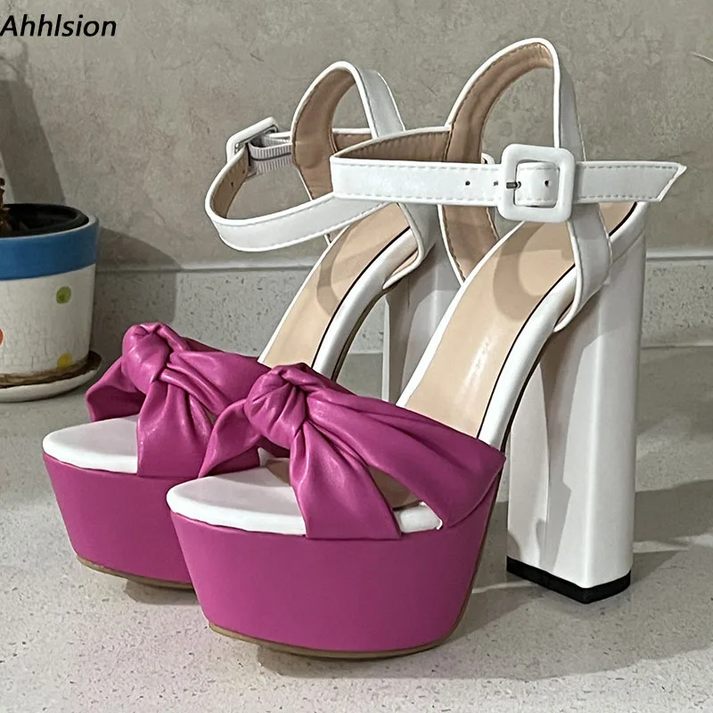 Ahhlsion Handmade Women Summer Sandals Block High Heels Open Toe Pretty Fuchsia Banquet Shoes Ladies US Plus Size 5-20