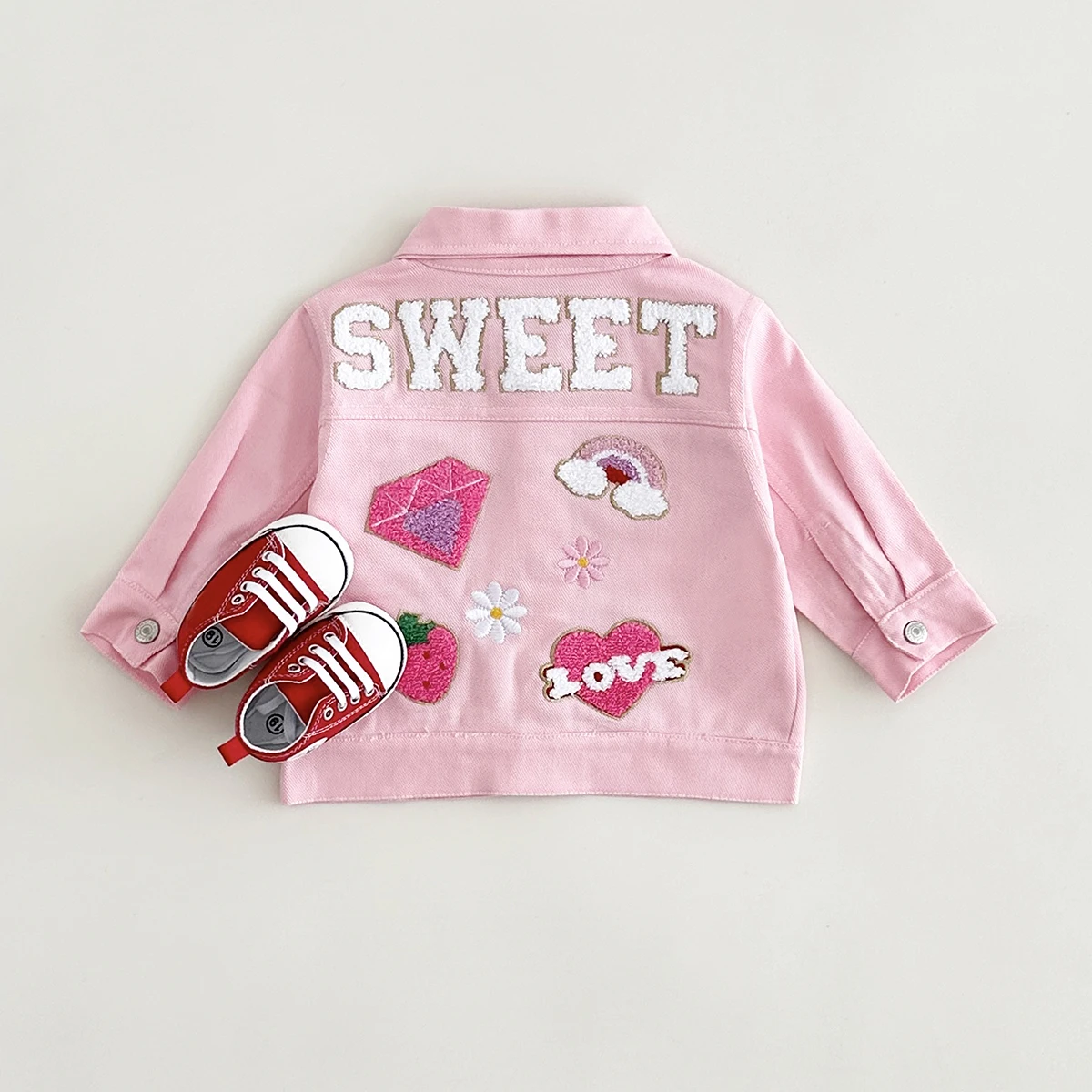 Fall Baby Girls Clothes Denim Embroidered Cute Strawberry Jacket Winter Stylish Casual Top Infant Girls Coat Lapel Workwear