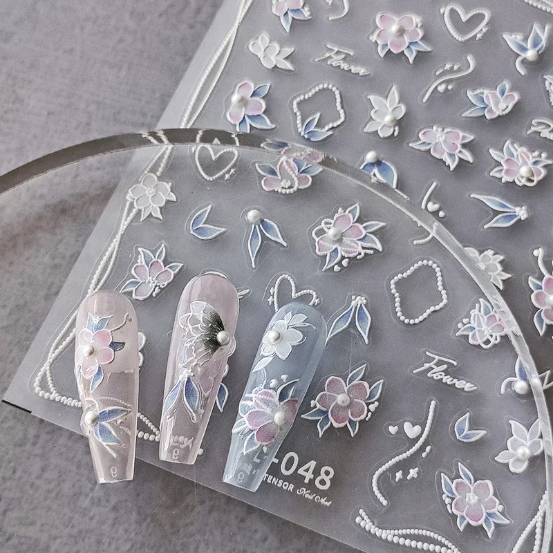 Blue White Frame Pink Butterfly Peach Blossom Flower Pearl 3D Self Adhesive Nail Art Sticker Semi-transparent 5D Manicure Decals