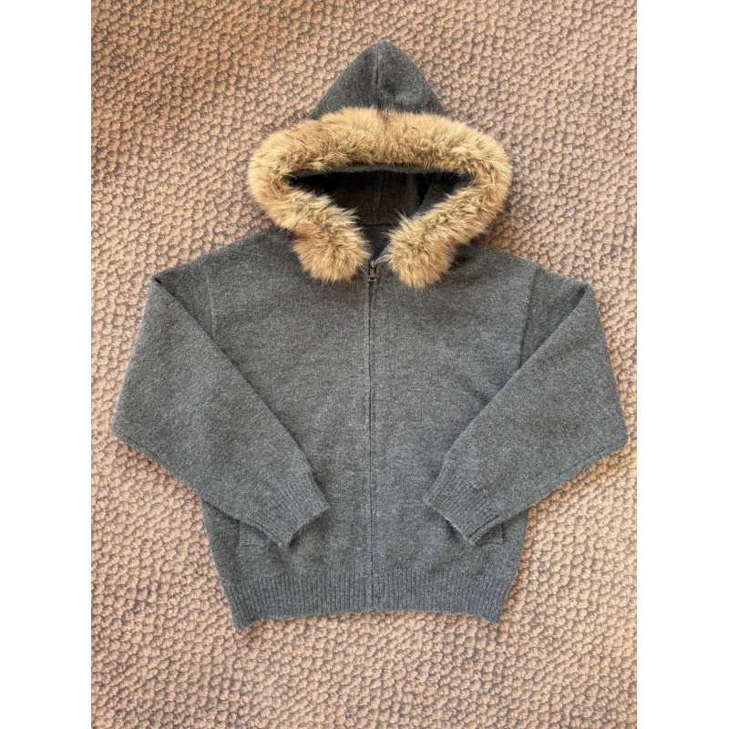 

EME Fur Collar Lazy Style High-End Sweater Autumn Winter Unisex Casual Couple Hooded Knitwear Mountain Eagle Coat