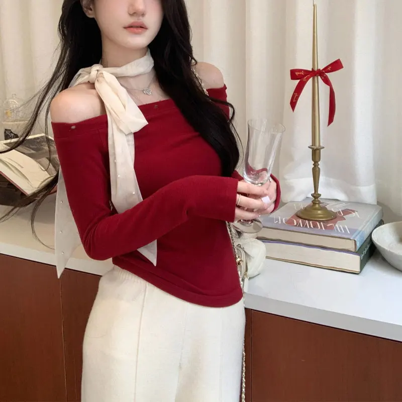 

Women's Clothing Off Shoulder Pullovers Fashionable Drawstring Bow Spring Autumn New Solid Color Basic Slim Long Sleeve T-shirts