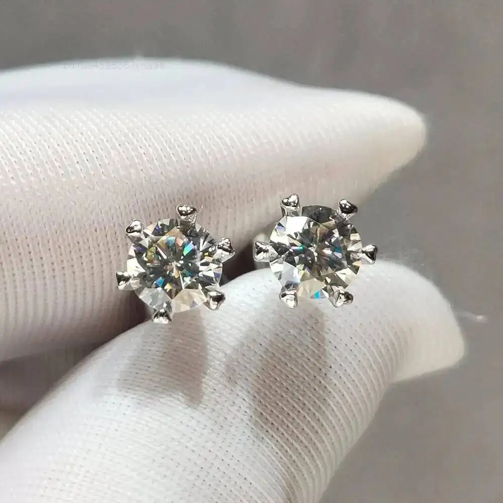 925 Silver Total 2 Carat Round Excellent Cut Pass Diamond Test D Color Moissanite Snowflake Stud Earrings for Women Fine Jewelry