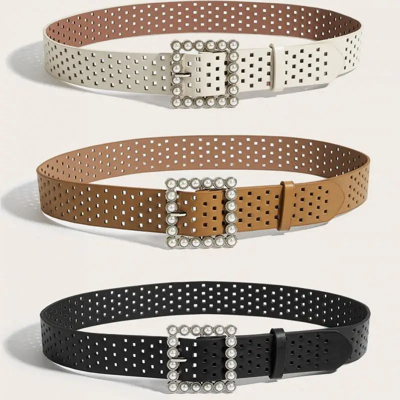High Quality Luxury Wide Women Hollow Crystal Belt Fashion encrusted Imitation Leather All match Jeans Decorative Square Button