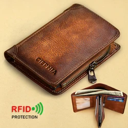 Genuine Leather Wallets for Men Vintage Short Multi Function Business Purse RFID Blocking Zipper ID Credit Card Holder Money Bag