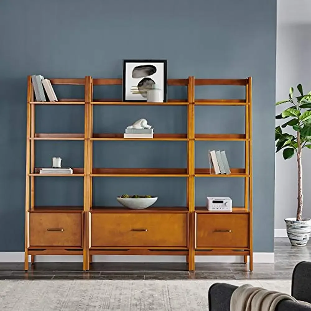 Mid-Century Modern 3-Piece Bookshelf Etagere Set with File Drawers Genuine Metal Hardware Sturdy Structure Expandable Storage image 6