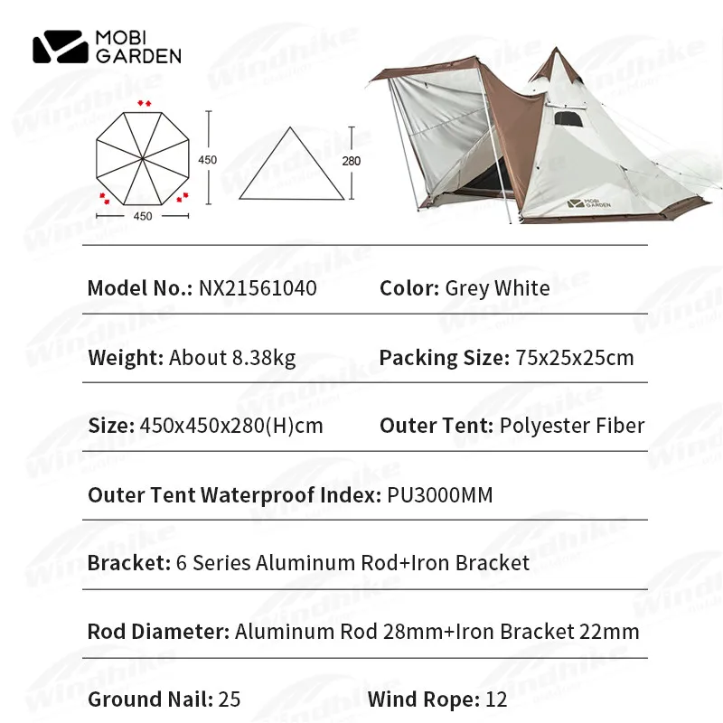 MOBI GARDEN 4-6 Person Senta 280 Tent Outdoor Camping Large Space Pyramid Tent With Chimney Mouth Snow Skirt Tent with Iron Pole