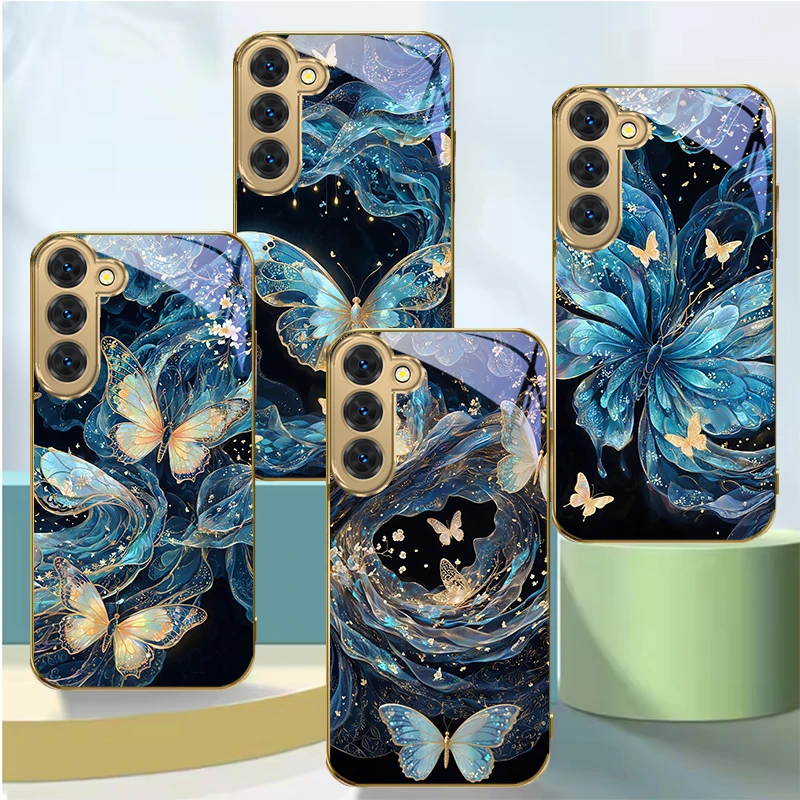 

Elegant blue butterfly Suitable For Samsung Galaxy S26 S20 FE S21Plus S22 23 Plus S24 Ultra S25 S21+ S9 Golden glass phone case