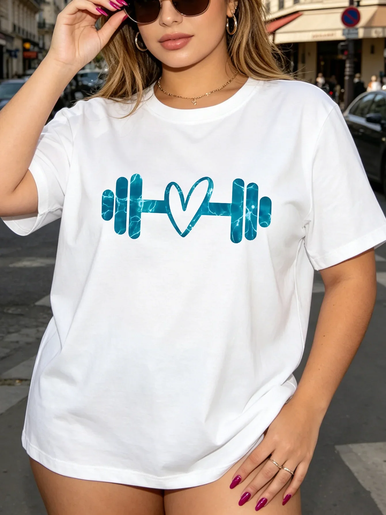 Women Crew Neck Tee Heart Dumbbell Water Graphic Print Short Sleeve Loose Ladies Summer Soft   Casual Street Top Cheap Clothes