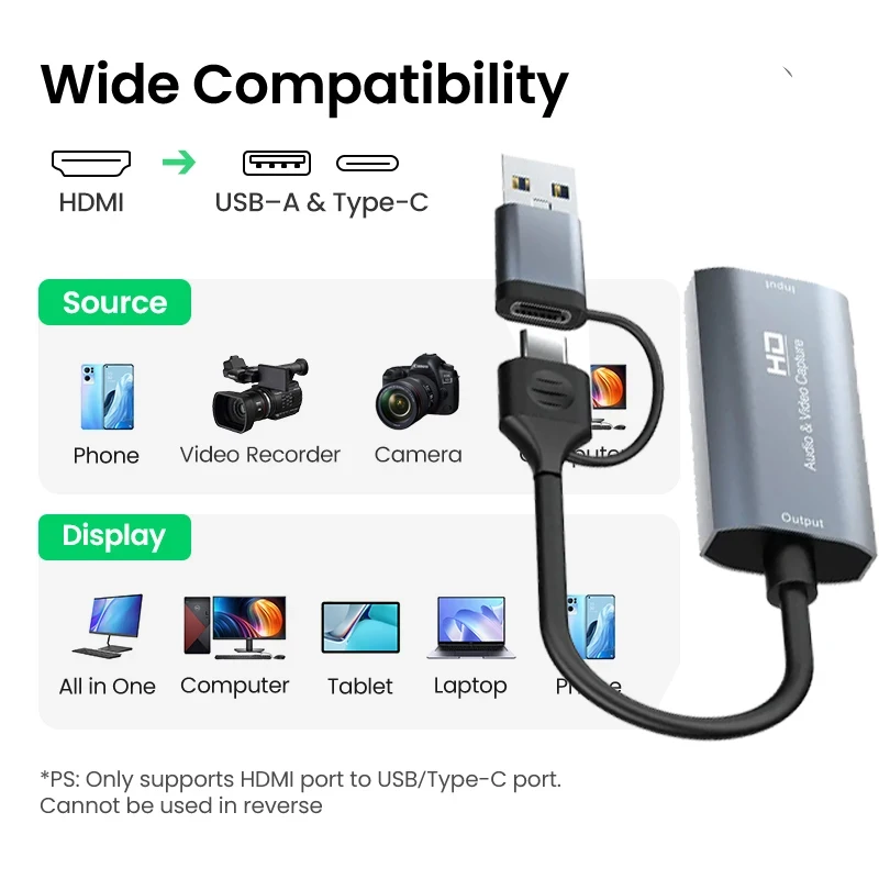 Tarjeta de captura de vídeo 4K HDMI a USB3.0, caja de grabación de vídeo compatible con HDMI tipo C para PC, cámara de ordenador, reunión de grabación de transmisión en vivo