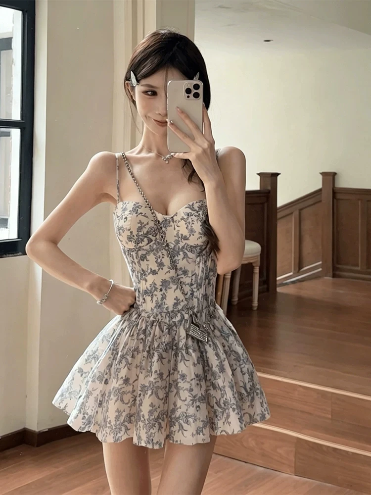 

XZY plus Size Floral Print Halter Dress Women's Summer Slimming Puffy Skirt Blue And White Porcelain High Waist French Style