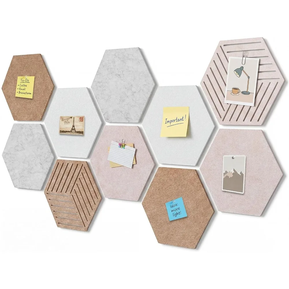 Hexagon Cork Board 12 Inch 10 Pack Self-Adhesive Felt Bulletin Board for Wall Display, Sound Absorbing Tear-Resistant Pin Board, Easy Installation, Multi-Color