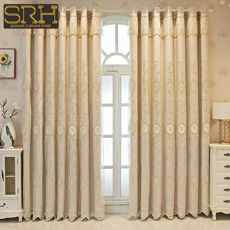 

Custom Curtains for Living Dining Room Bedroom Luxury European Double-layer Fabric Gauze Integrated Embroidery Blackout Decor