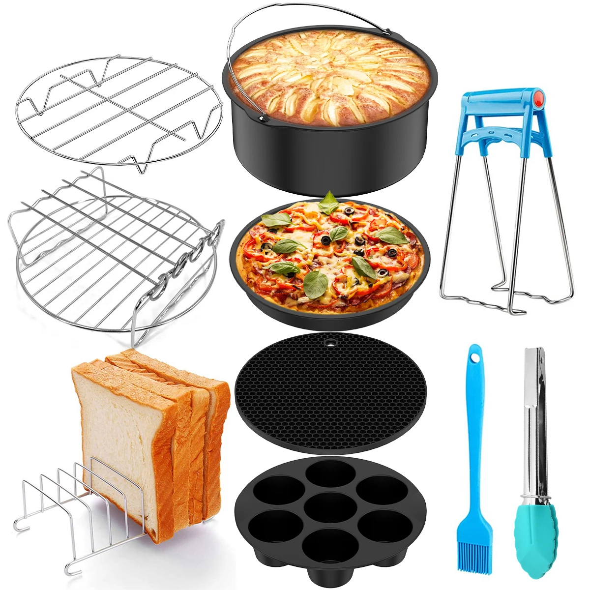 

1/2Set Stainless Steel Air Fryer Accessory Set Food-grade Air Fryer Accessories with Cake Basket Pizza Pan Skewer Rack Oil Brush