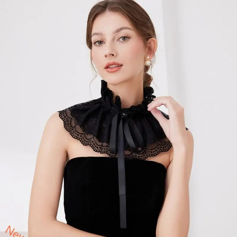 Elegant Ruffle Lace Faux Collar Gothic Victorian Ribbon Shawl Cape for Ladies