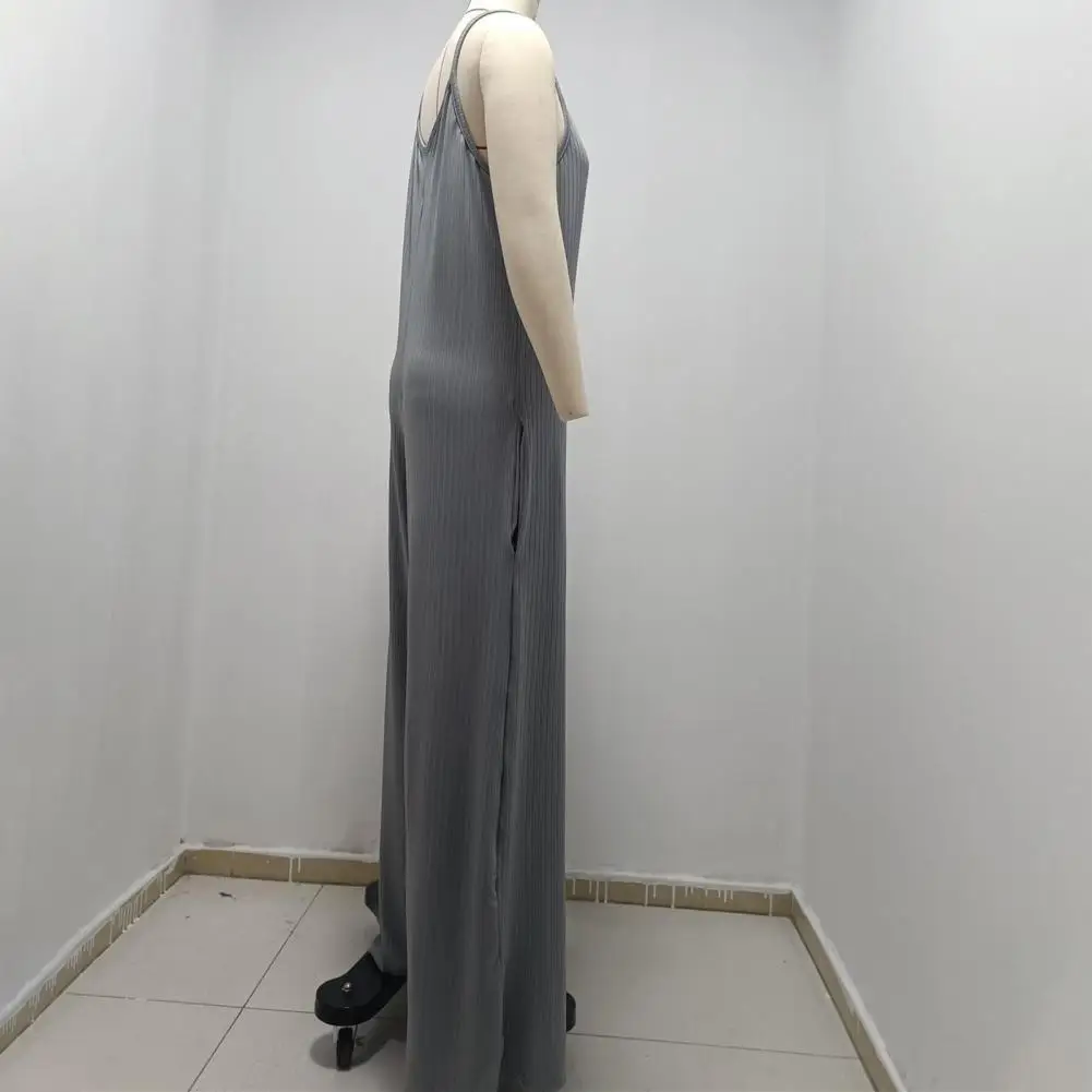 Jumpsuit tanpa lengan kaki lebar V-neck Backless tali Spaghetti pakaian keseluruhan wanita selangkangan dalam