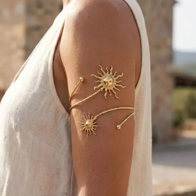 Elegant Sun Adjustable Cuff Bracelet for Women Unique Gold Color Upper Arm Bangle Festival Beach Party Jewelry Gift