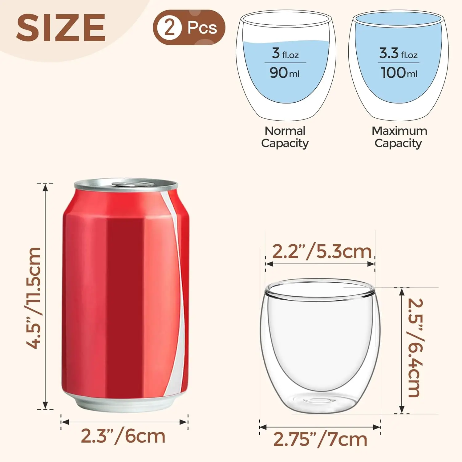 أكواب إسبريسو مزدوجة الجدران 3 أونصة، مجموعة أكواب إسبريسو زجاجية مكونة من قطعتين، أكواب قهوة صغيرة لـ Ristretto، Lungo، Machiato