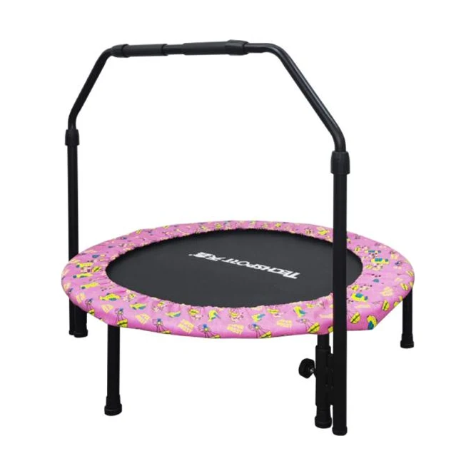 Pink Kids Mini Trampoline with Adjustable Handle Foldable Rebounder for Home Gym Exercise
