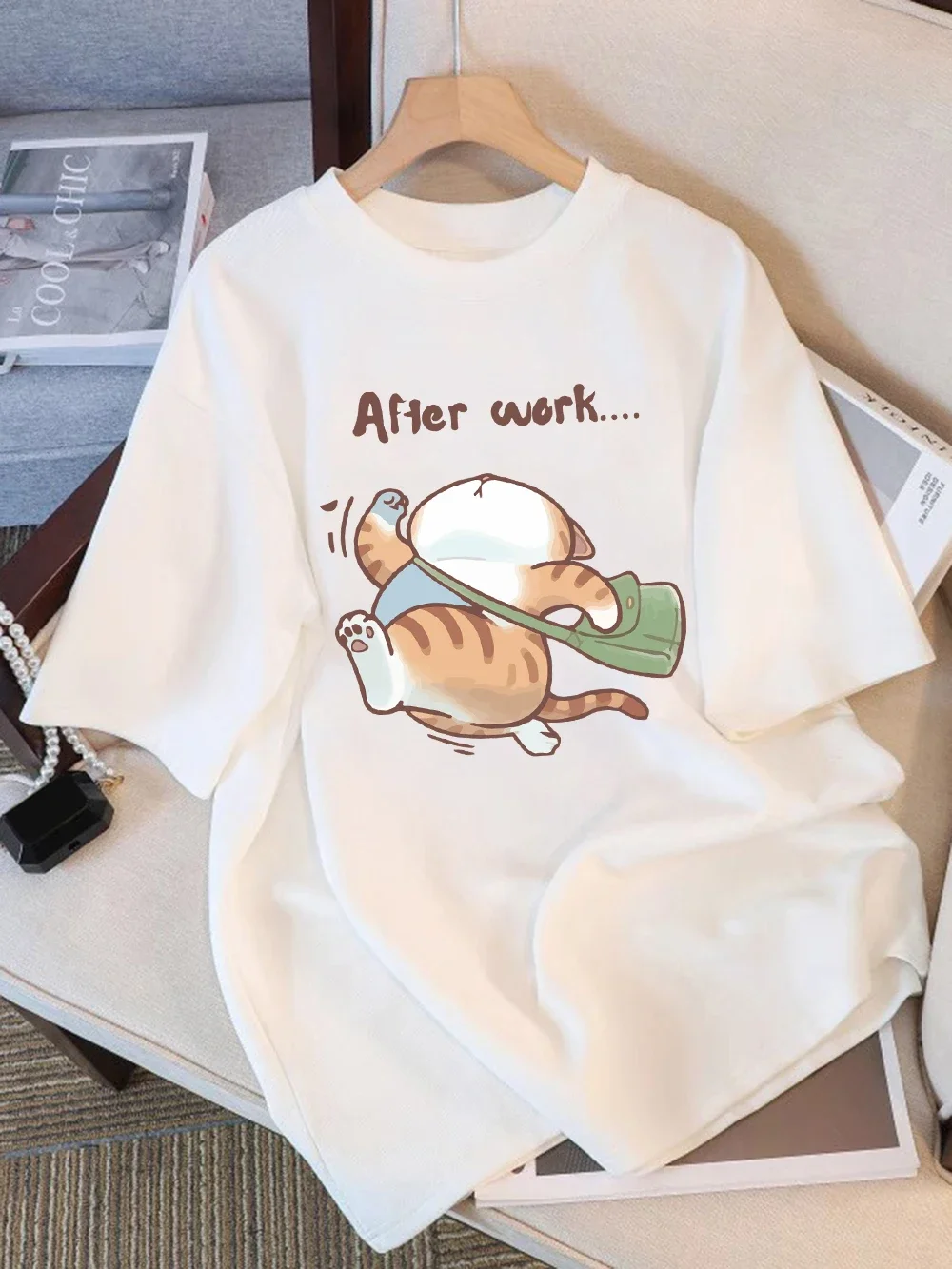 Summer T-Shirts Womens The Cat That Runs After Work Prints Tops Soft O-Neck Short Sleeve Tees Basic Clothes Women Clothes