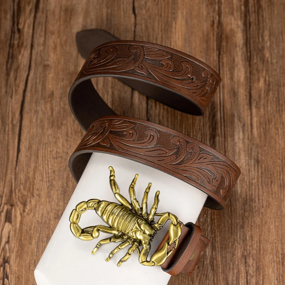 Golden Scorpion Large Buckle, Personalized and Trendy Phoenix Tail Pattern, Retro Embossed Western Denim Belt view 2