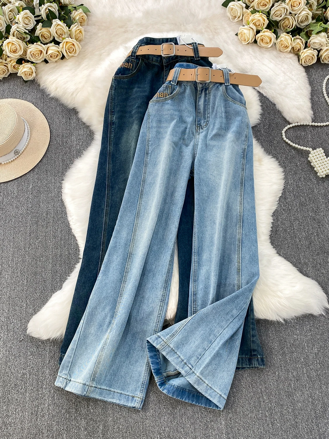 

Retro American Blue Jeans Women's High Waist Elastic Wide Leg Pants Straight Cut Casual Comfortable Winter Faion 2025