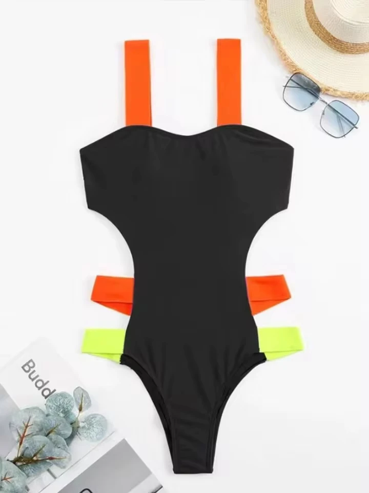 

Vzvn Sexy Black Contrast Color One Piece Swimsuit Women Beach Hollow Out Backless Bikini 2025 New All Season One Piece Swimsuit