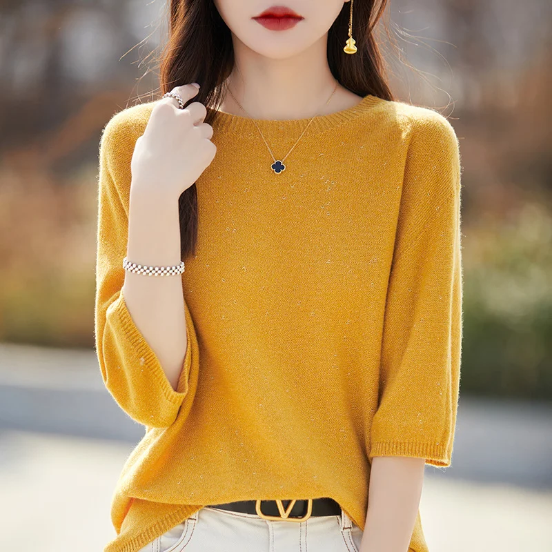 Female 2024 Spring Summer Pure Wool Cashmere Sweater Women\'s Round Neck Gold Bean Yarn Knitted Short Sleeve Loose Soft T-Shirts