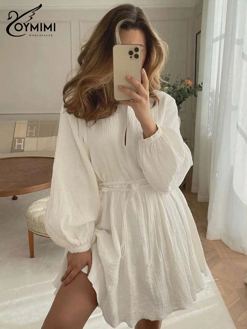 Oymimi Elegant Beige Cotton Womens Dresses Fashion V-Neck Long Sleeve Lace-Up Dresses Casual Loose Pleated Mini Dress Streetwear - Image 3