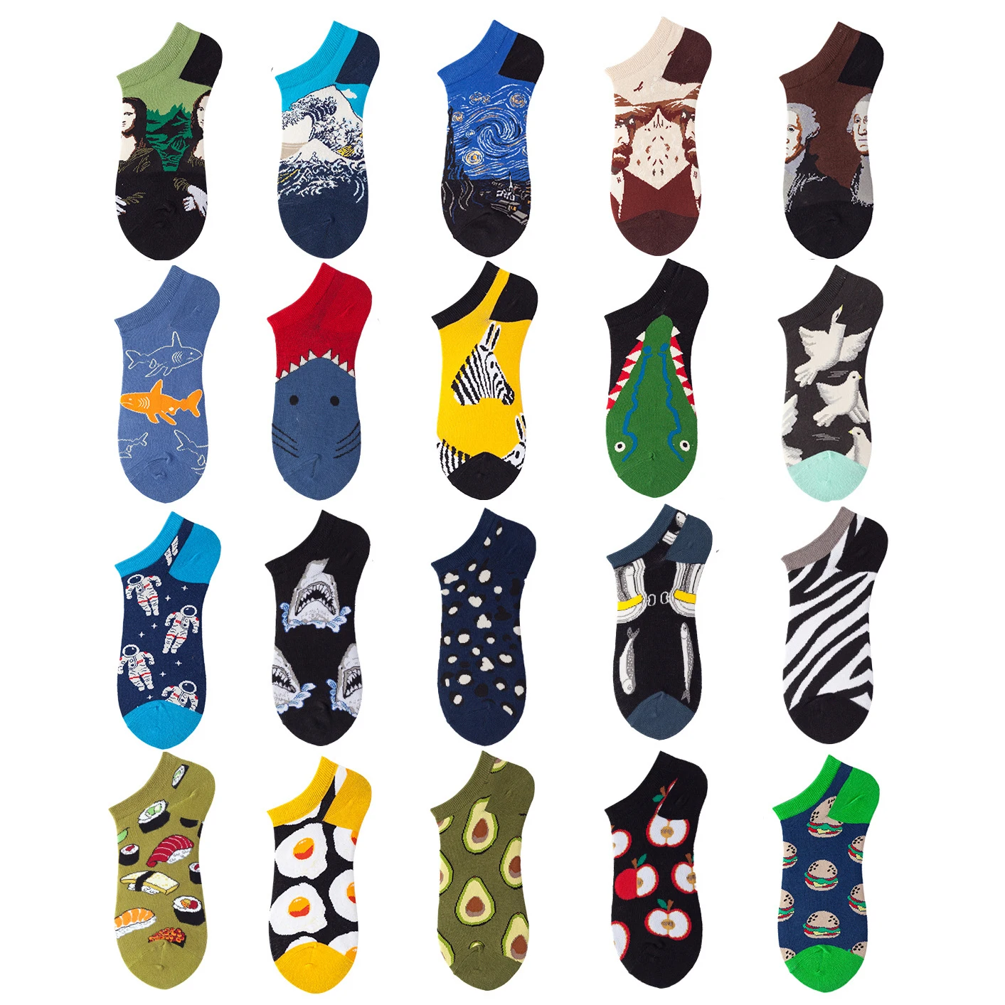 1 Pair Funny Fashion Colorful Cotton Mens Socks Harajuku Stripe Art Oil Painting Animal Print Beer Fries Funny Happy Ankle Socks