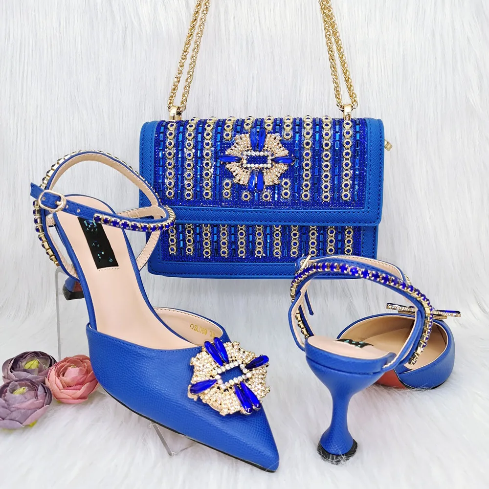 

Elegant Roayl Blue Thin Heels 8CM Women Pointed Toe Shoes Match Crystal Handbag African Dressing Pumps And Bag Set QSL069