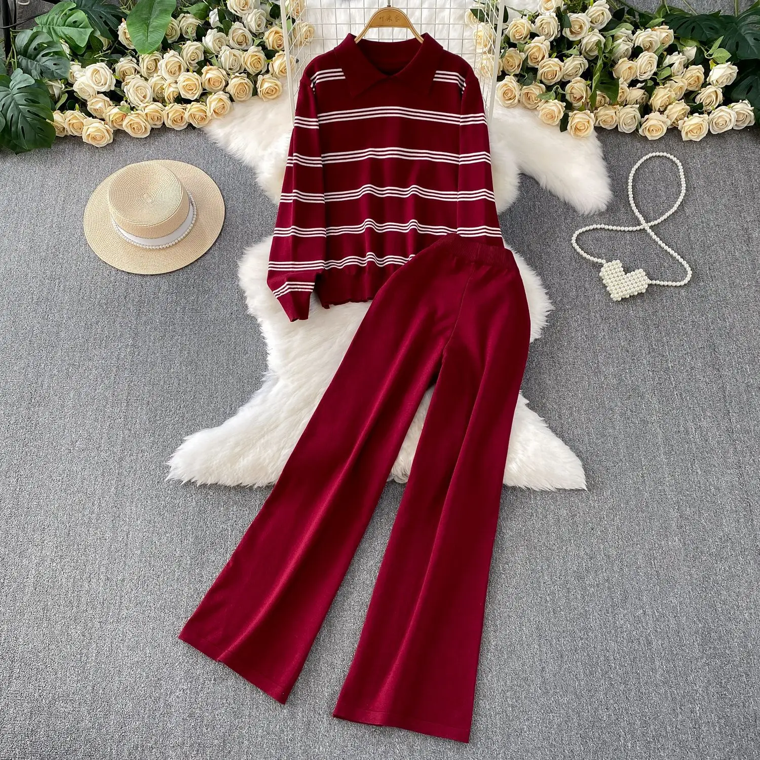 

Модный полосатый темпераментный вязаный свитер с длинными рукавами и воротником-поло, женские зимние узкие широкие брюки с высокой талией, комплект из двух предметов