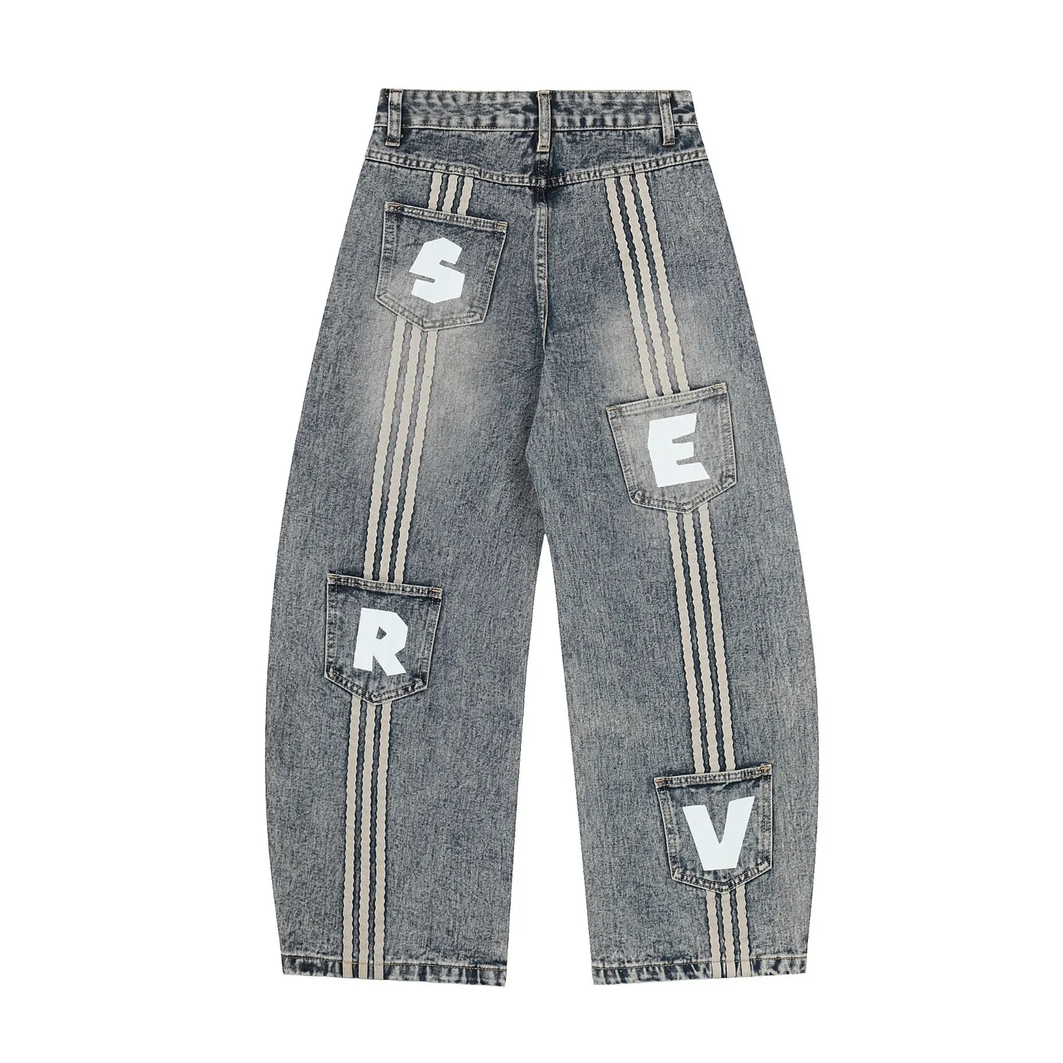 جينز ريترو أمريكي مغسول بحافة سكين من قماش الدنيم، تصميم ربط مخطط واسع الساق مقاوم للرجال والنساء