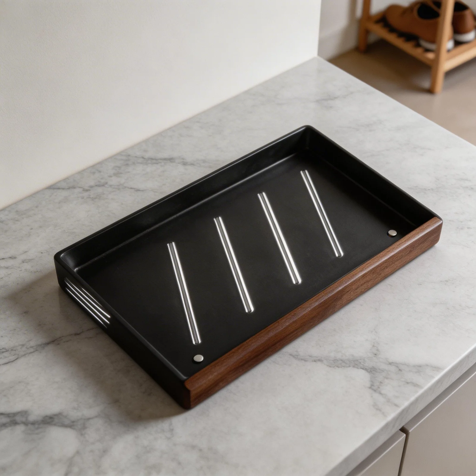 Water Resistant Suction Wall Shelf for Bathroom Kitchen Storage with Natural Walnut Wood and Aluminum Composite Design