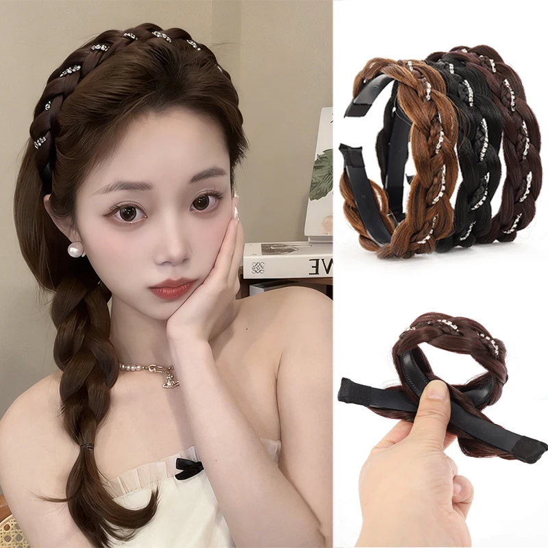 Wig Fried Dough Twists braid rhinestone headband female headband compression hair clip headband braided hair band ﻿