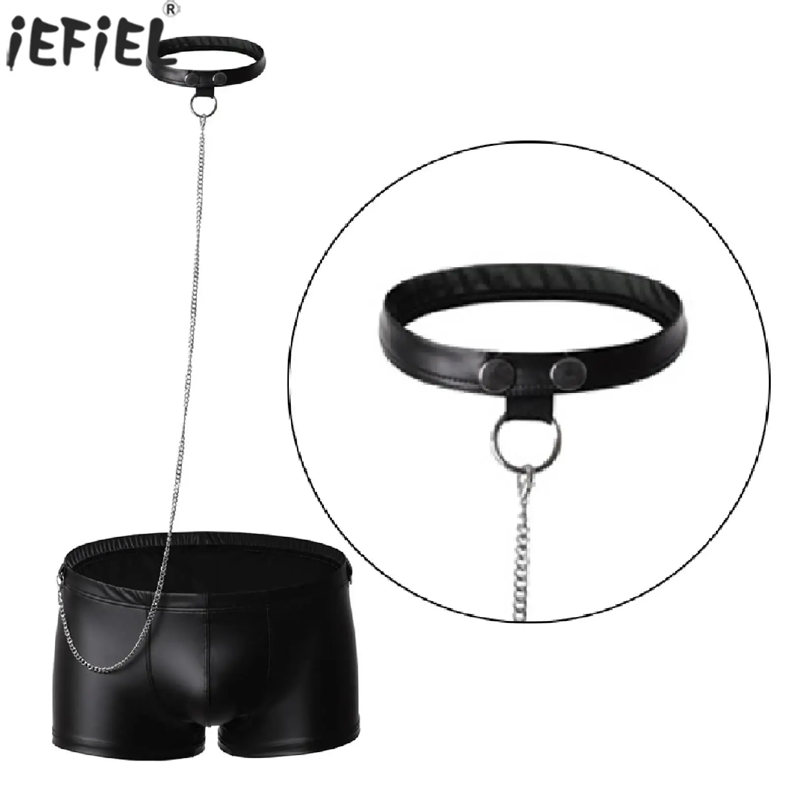 

Sexy Men's Glossy Leather Boxer Panties with Chain Linked Choker Swim Trunks Underpants Lingerie Couple's Role Play Underpants