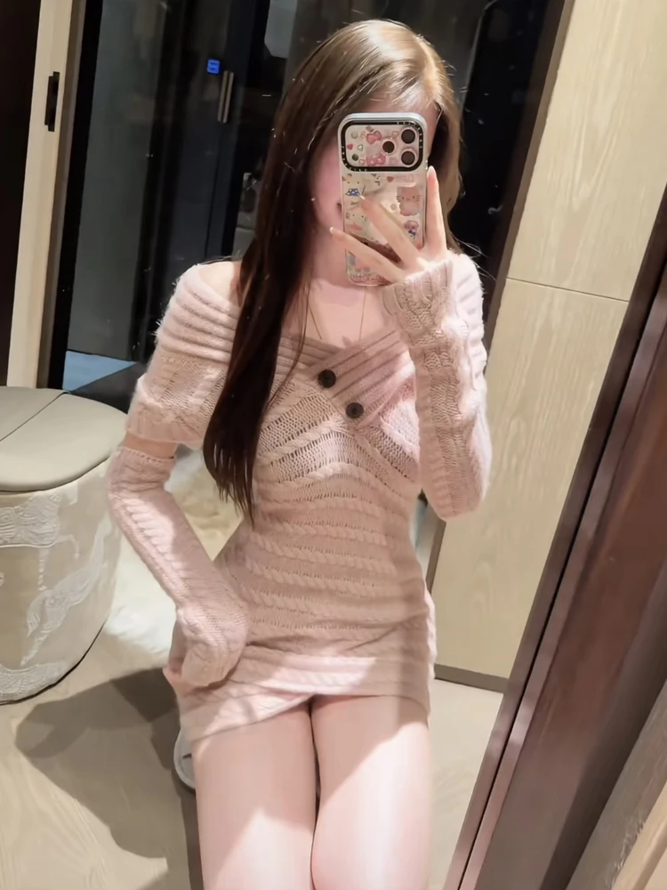 

Мягкий, как бархат, розовый, с открытыми плечами, шерстяной вязаный асимметричный элегантный удобный женский свитер Yjy Camere