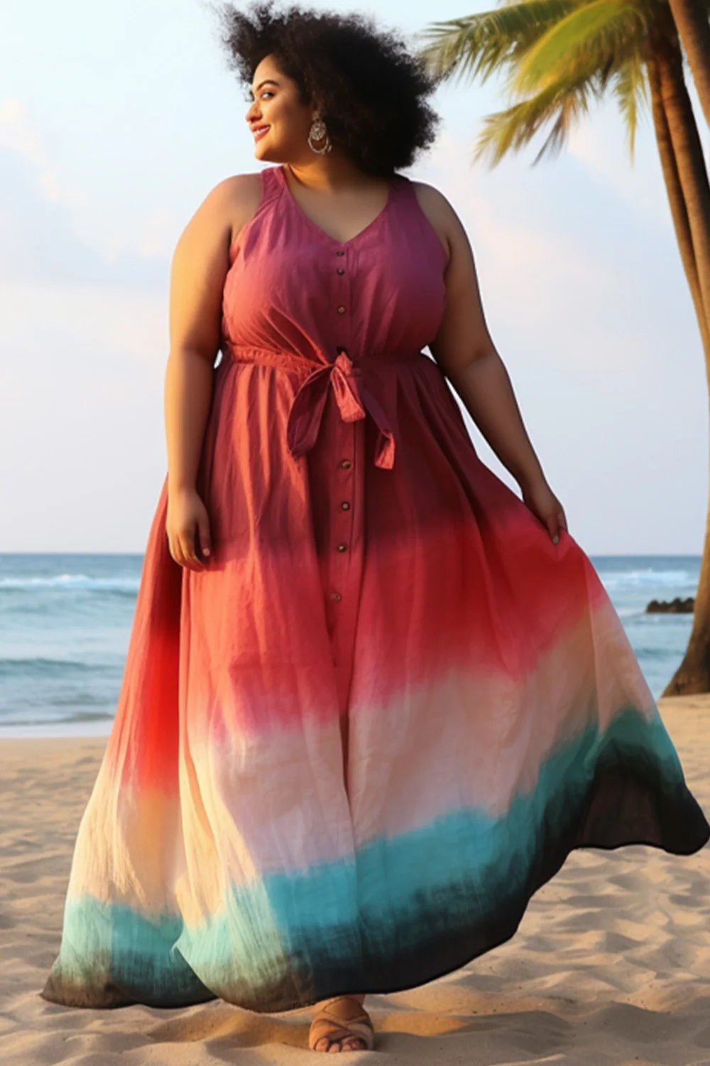 

Plus Size Vacation Burgundy Ombre Cotton And Linen Wrap Waist Sleeveless Maxi Dress