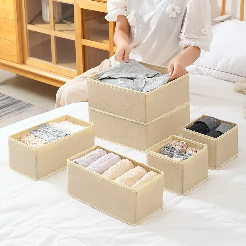 6pcs/1set Underwear Storage Box Foldable Non-woven Storage Box Six-piece Set Underwear Bra Socks Drawer Storage Finishing Box