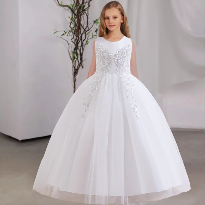 

Pageant White Bridesmaid Dress For Girls Children Costume Beading Party Princess Dresses Girl Dress Prom Wedding Gown 5-14 Year