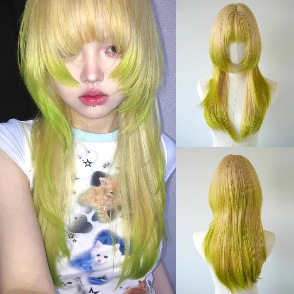 Synthetic Layered Blonde Ombre Green Wig Long Straight Y2k Jellyfish Head Fluffy Wig for Daily Party Lolita Cosplay