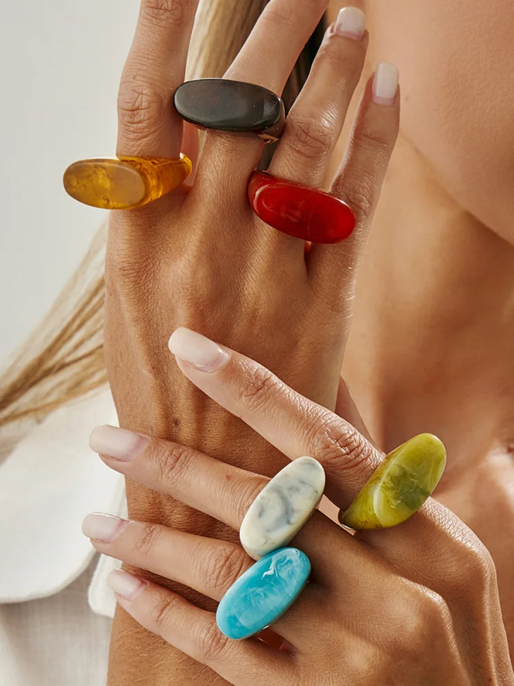 

Geometric Resin Ring Faionable Ins adient Acrylic Ring Sli Elliptical Cut Alloy Ring for Women