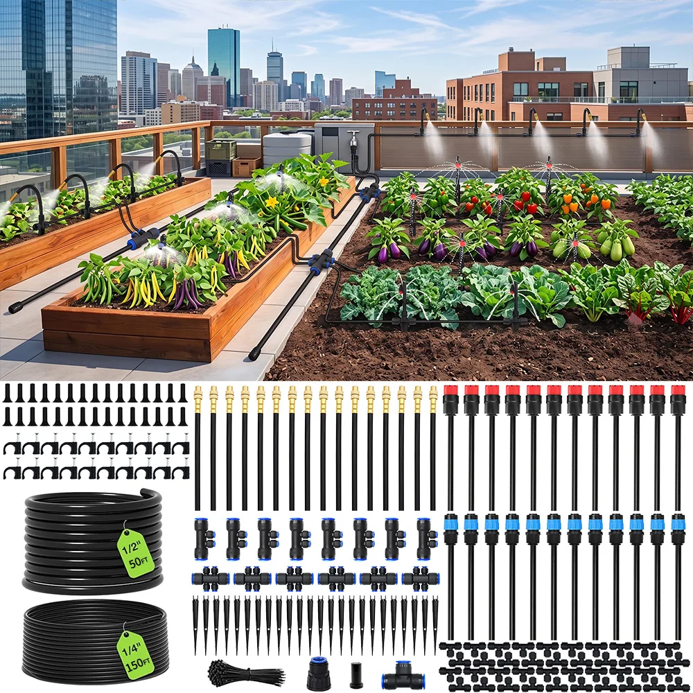360° Adjustable Drip Irrigation System Kit, Watering Misting Kit with 3 Spray Nozzle Types,Garden Raised Bed Lawn & Greenhouse