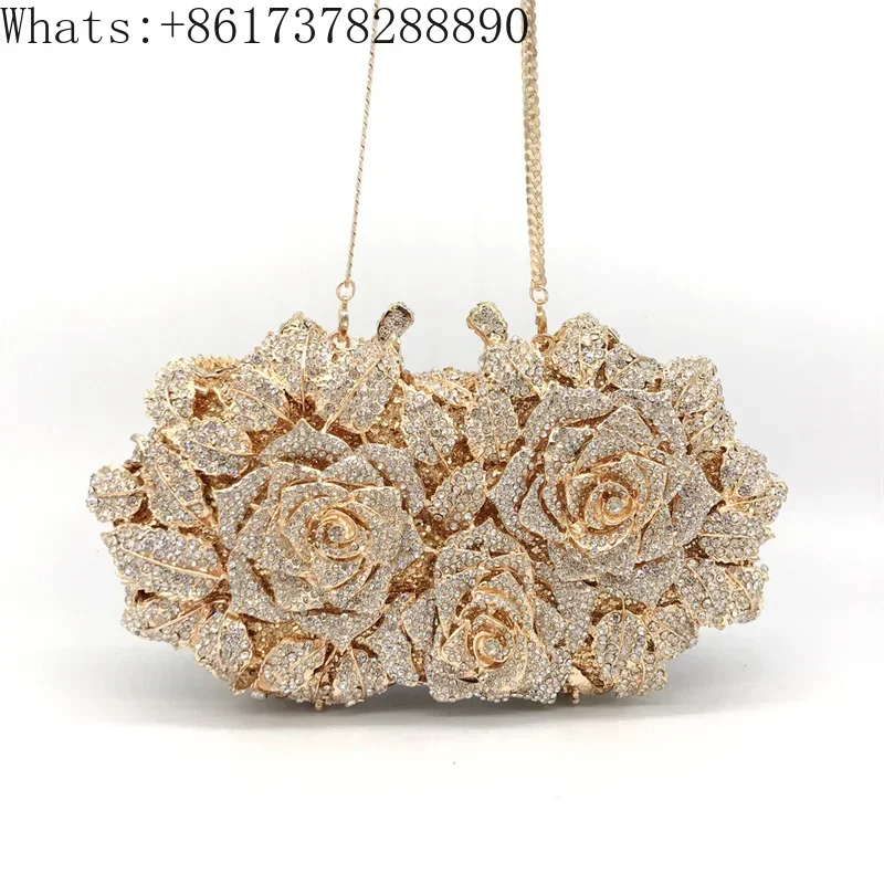 2024 Rose Diamond Dinner Bag Metal Hard Box Women's Bag Annual Meeting Evening Dress Bag Foreign Trade Banquet Diamond Handbag